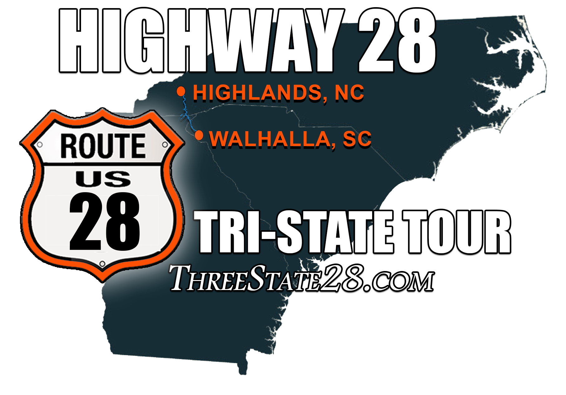 The ThreeState28.com motorcycle ride starts in Walhalla, SC and heads north on Highway 28 for 32 miles. 